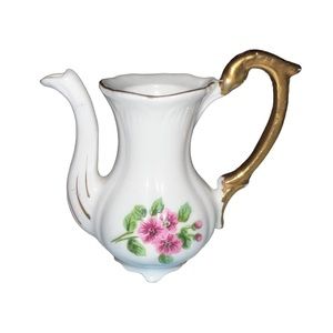 VINTAGE! MINI PORCELAIN PITCHER WITH FLORAL DETAIL- GOLD ACCENT HANDLE- NO LID